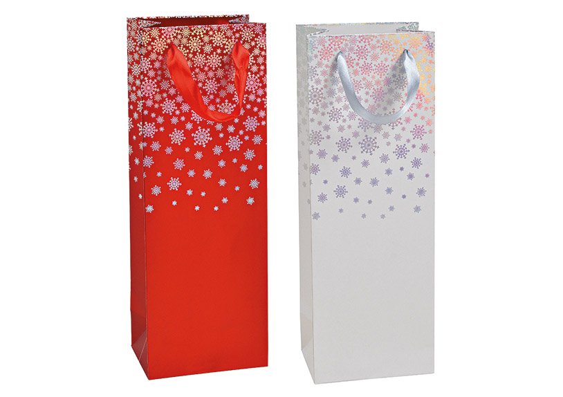 Bolsa para botellas decoración copos de nieve papel/cartón rojo 2 pliegues, (c/h/d) 12x35x9cm
