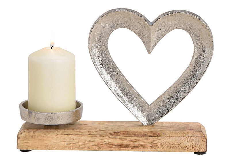 Candle holder, heart, metal, mango wood, silver 24x18x8cm