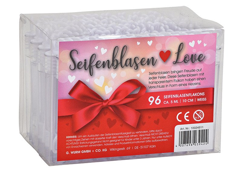 Set de 96 bulles de savon, coeur pour mariage, plastique, 4,5ml, (L/H/P) 1x10x1cm Ø1cm