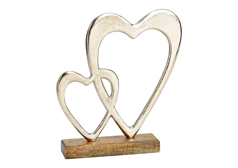 Heart on mango wood base of metal silver (W/H/D) 22x22x5cm