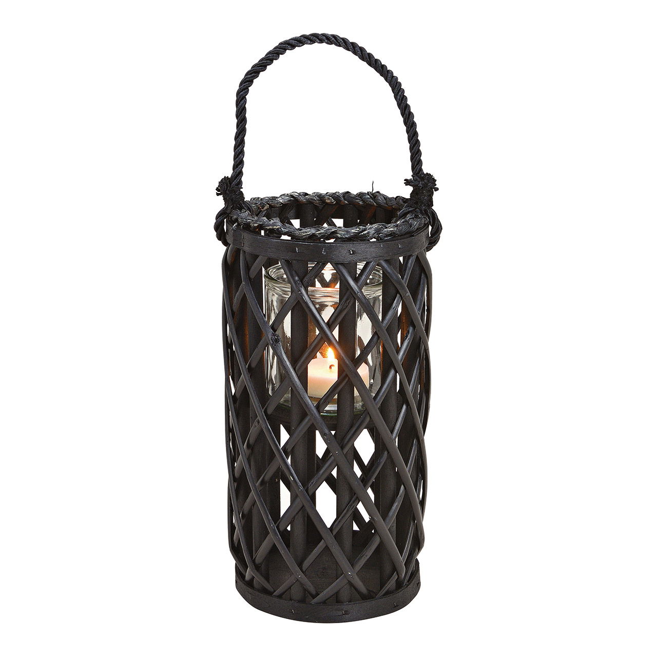 Farol de mimbre con cristal de farol de material natural negro (A/A/P) 15x31x15cm