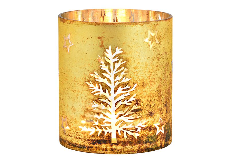 Windlicht Baum, Stern Dekor aus Glas Gold (B/H/T) 15x17x15cm
