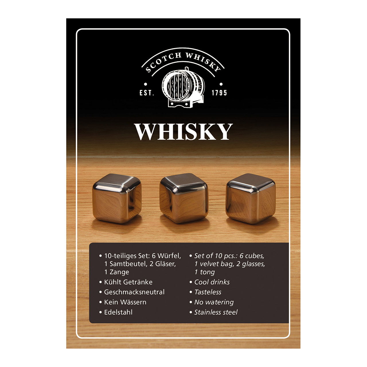 Set di cubetti di ghiaccio per whisky in acciaio inox, 2,7 cm, 6 cubetti con 2 bicchieri 9x8x9 cm, 300 ml, incl. pinze + sacchetto di velluto, in scatola di legno 23,9x10x21,7 cm