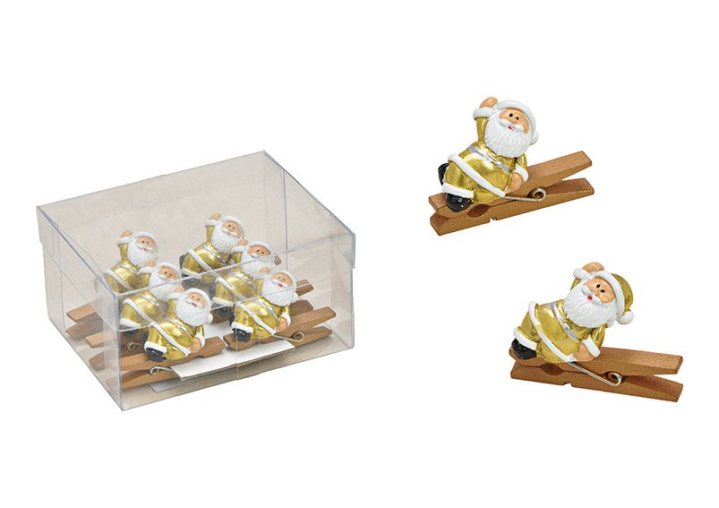 Clip set santa 4x3x1cm wooden, poly gold set of 6, (w/h/d) 10x8x5cm
