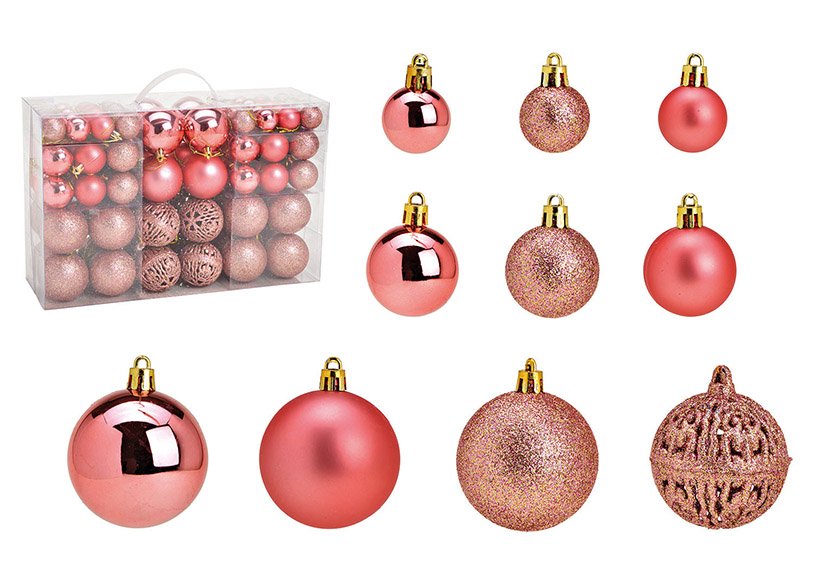 Plastic Christmas ball set orange pink, set of 100, (W/H/D) 23x35x12cm Ø3/4/6cm