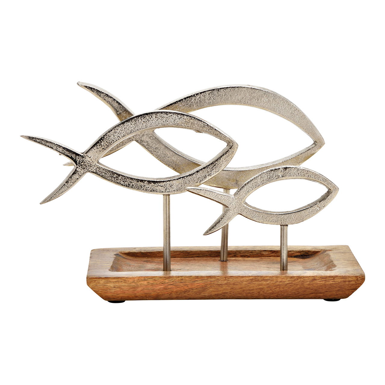 Présentoir poisson chrétien sur socle en bois de manguier argenté (L/H/P) 28x17x11cm