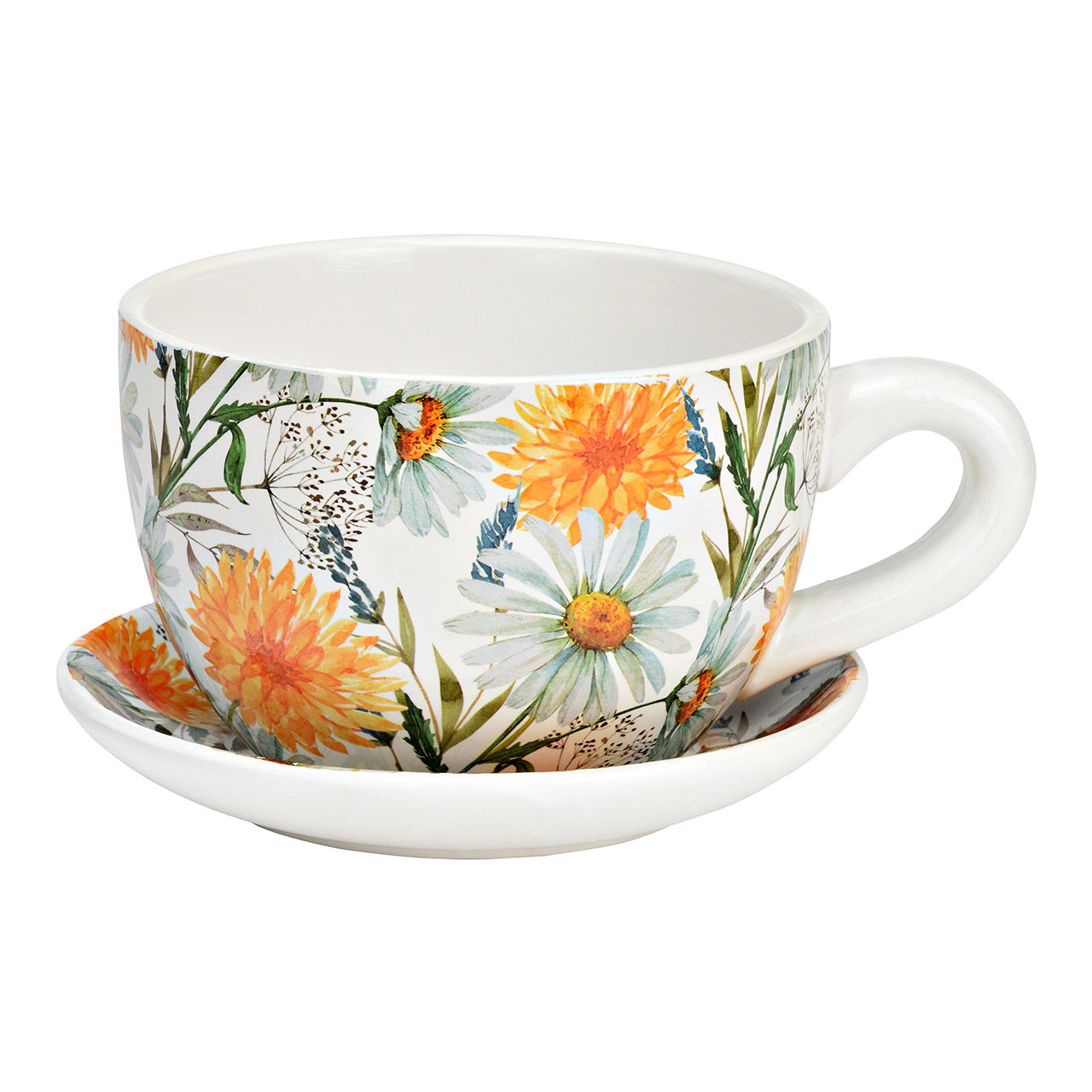 Blumentopf Tasse Blumen Dekor aus Keramik, Bunt (B/H/T) 20x12x15cm