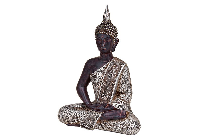 Bouddha assis argenté en poly, 29 cm