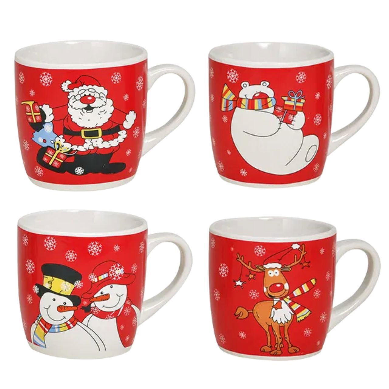 Becher rot mit Weihnachtsmotiven aus Keramik, 4-fach sortiert (B/H/T) 11x8x8 cm, 200ml Pokal