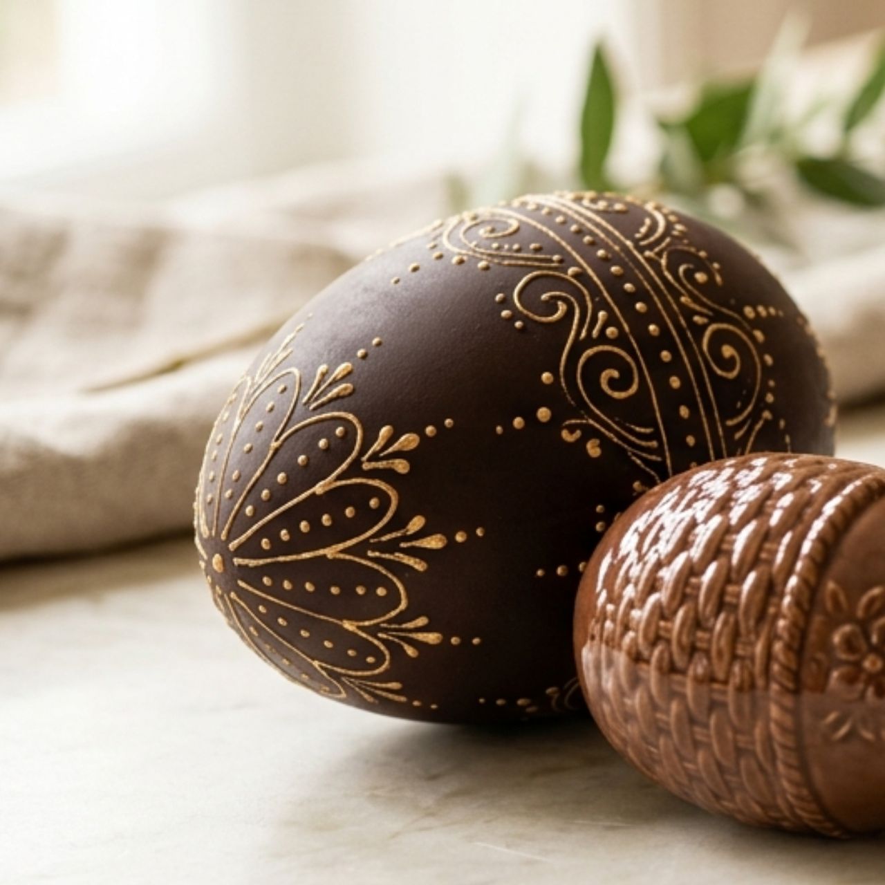 Schokoladenoelchen, Osterdeko, Eierdekoration, geprägte Muster, braun