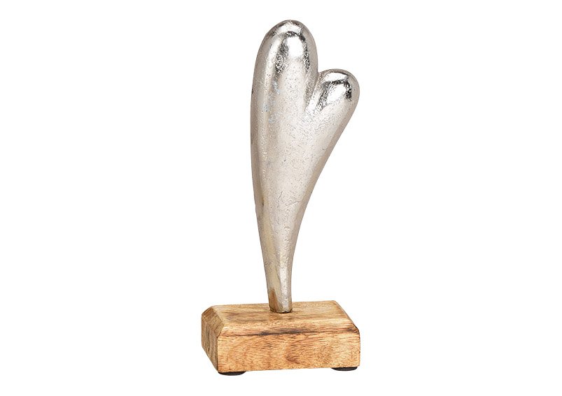 Heart made of aluminum on mango wood base silver (w / h / d) 8x18x5cm