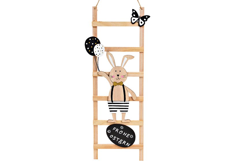 Bunny on ladder, Happy Easter, made of wood nature , black (W/H/D) 15x44x3cm