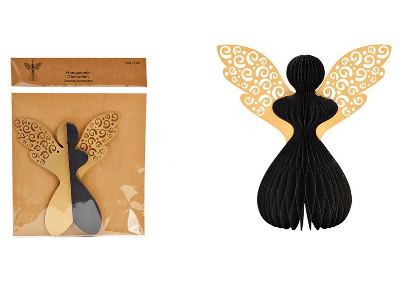Suspension ange Honeycomb en papier/carton noir (L/H/P) 14x14x8cm