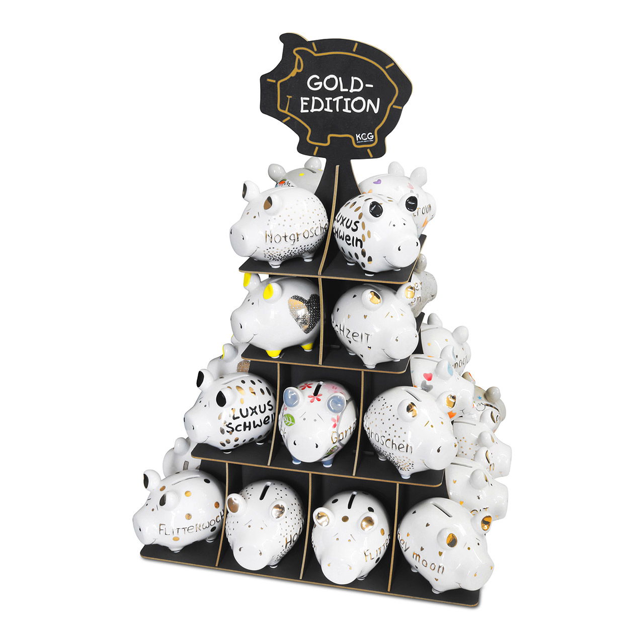 KCG Best of Sparschwein Pyramidendisplay aus Holz, Schwarz/Gold (B/H/T) 40x65x40cm KCG Best of Sparschwein Pyramidendisplay aus Holz, Schwarz/Gold (B/H/T) 40x65x40cm