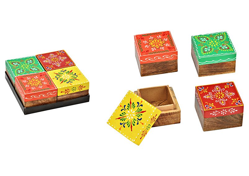 Boîte à bijoux en bois de manguier multicolore 4 compartiments, (L/H/P) 8x5x8cm