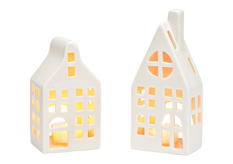 Windlicht Haus aus Keramik weiß 2-fach, (B/H/T) 7x13x6cm 7x17x5cm