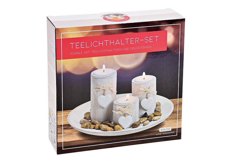 Teelichthalter 3er Set mit Dekosteine Herz Anhänger aus Holz Weiß (B/H/T) 24x12x24cm