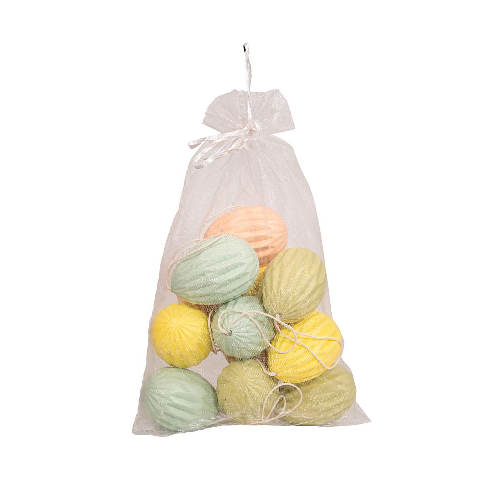 Eier zum Hängen, 4-fach, Kunststoff, 4x4x6cm, 12 St./ Btl, gelb-grün-pfirsich Tasche, Plastik