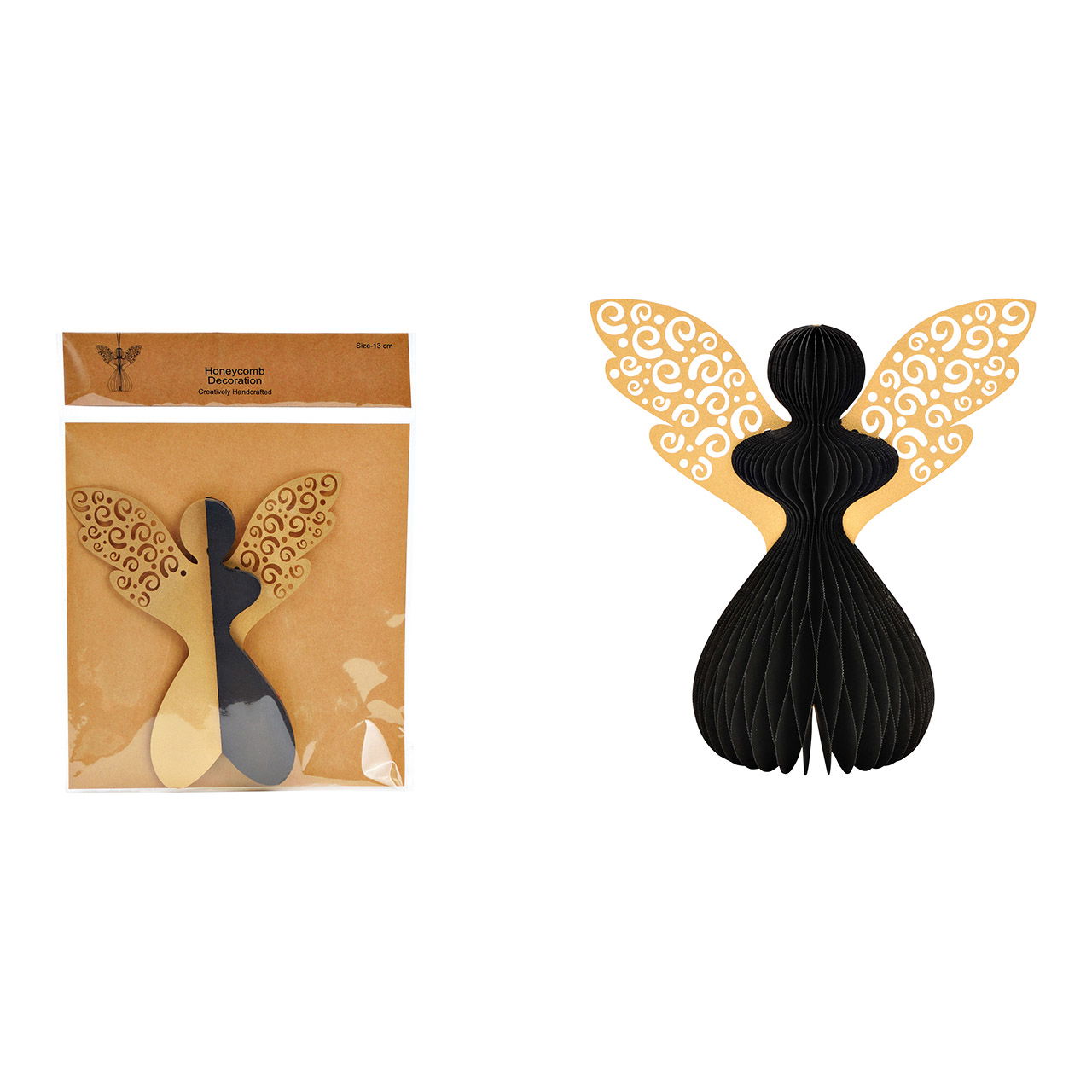 Christmas hanger angel honeycomb made of paper/cardboard, black/gold (W/H/D) 14x14x8cm Christmas hanger angel honeycomb made of paper/cardboard, black/gold (W/H/D) 14x14x8cm