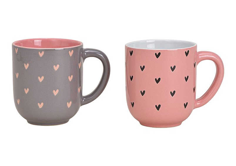 Mug heart decor ceramic pink/rose 2-ass., 12x10x9cm 400ml