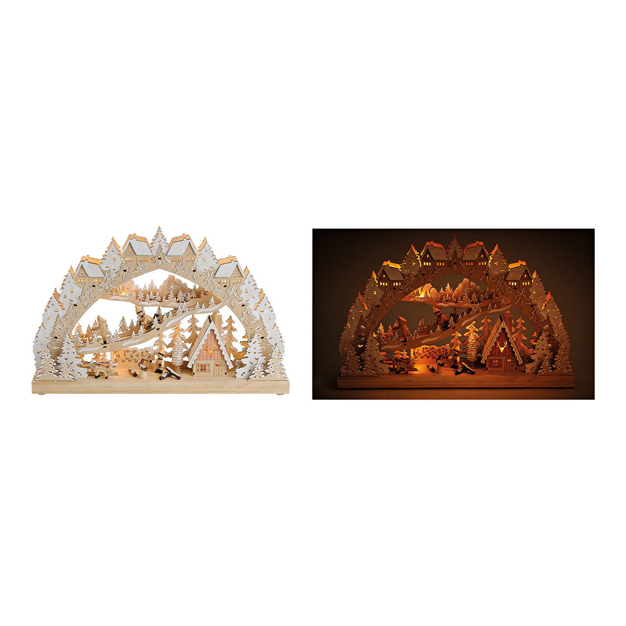 Kaarsenboog kinderen in winterbos met LED verlichting gemaakt van hout, beige met glitter (B/H/D) 45x28x8cm