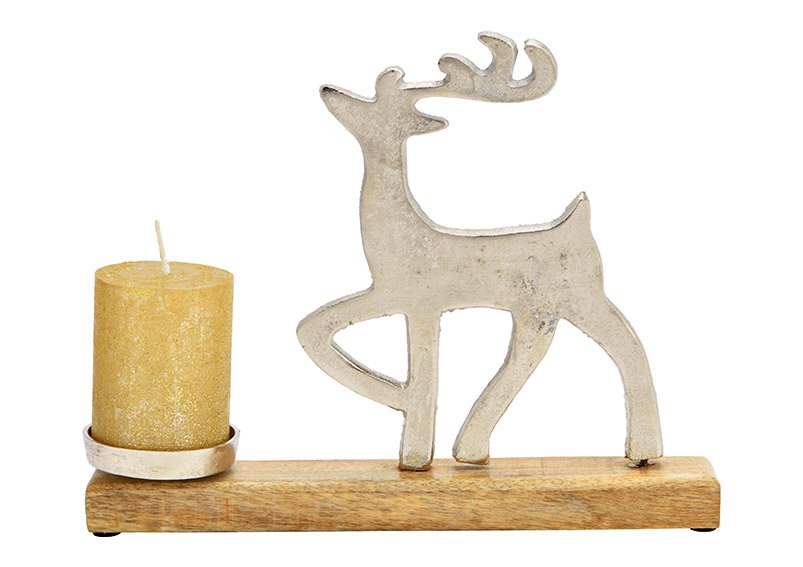 Candeliere cervo, su base di legno di mango, di metallo argento (w/h/d) 30x23x5cm