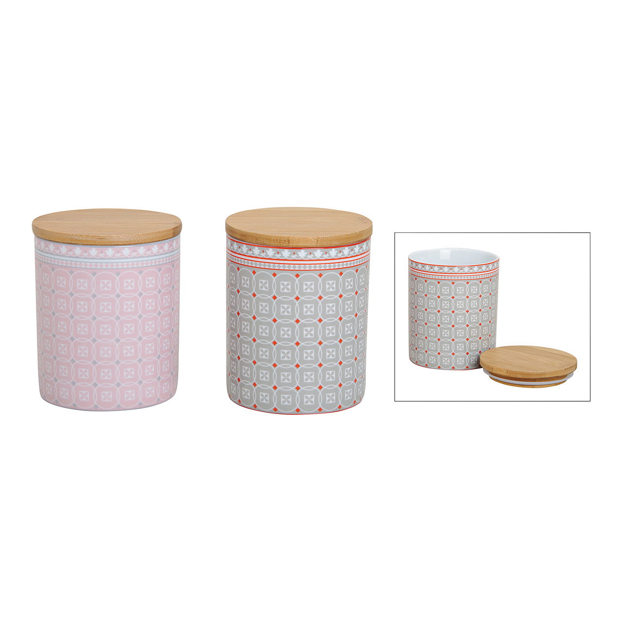 Vorratsdose Retro aus Porzellan, 2-fach sortiert, B12 x T10 cm 500ml Eimer, Aufbewahrungsbehälter, Holzdeckel, Keramischer Behälter, geometrisches Muster