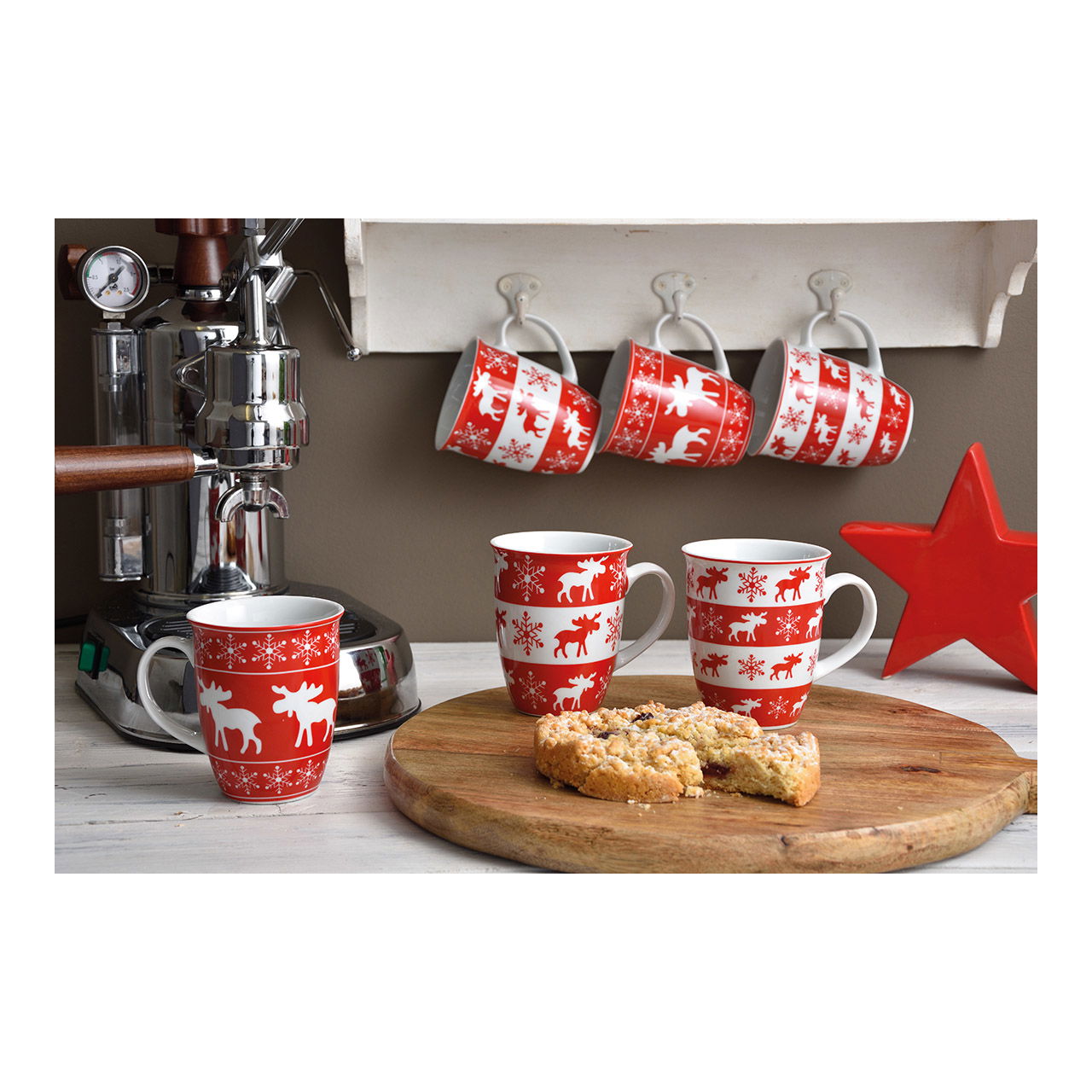 Mug moose decor in red and white, assorted (W/H/D) 11x10x8.5 cm Pokal