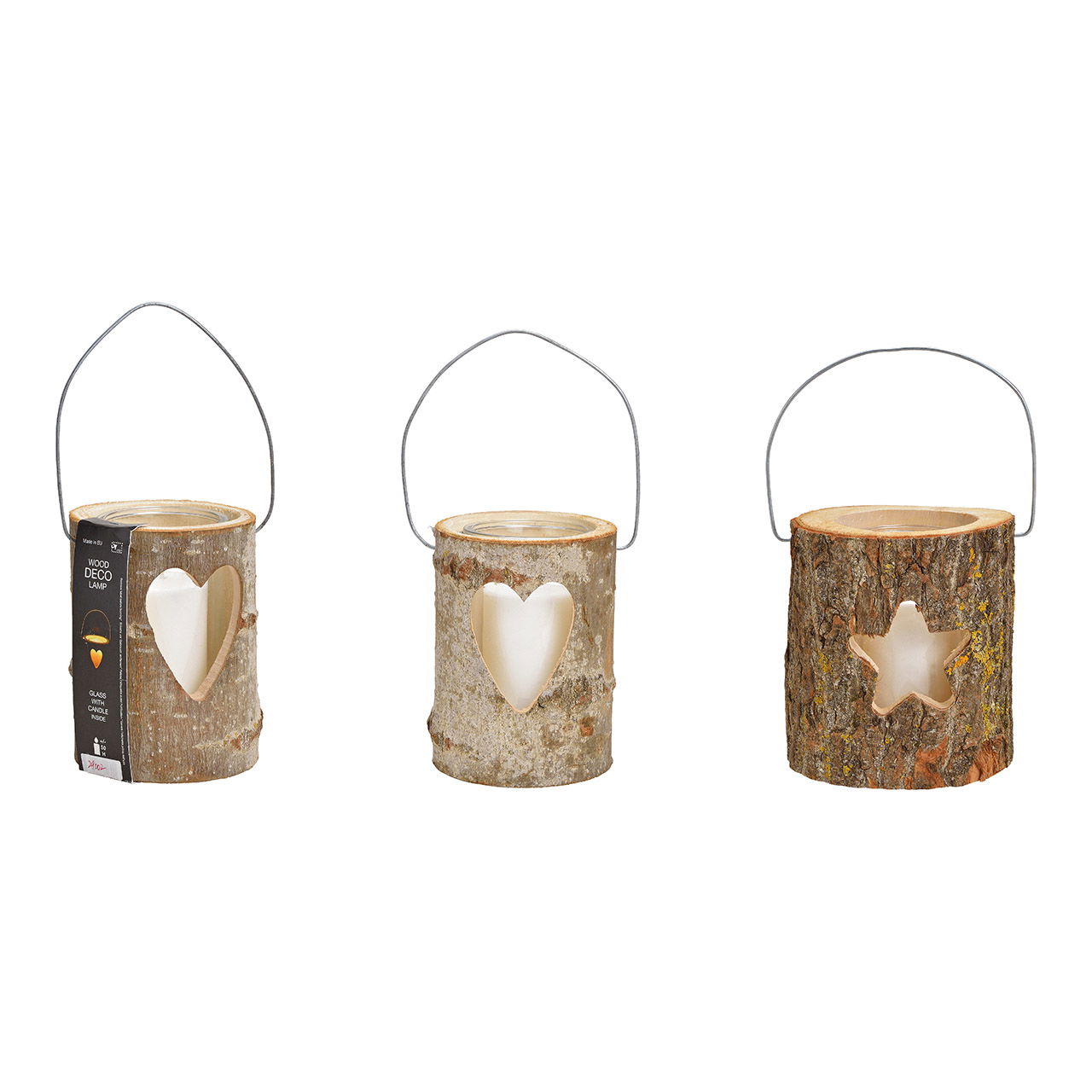 Lanterns, hearts, star decor, with glass, 10x13cm glass candle, 6.5x8cm wooden candle set of 3, 2-fold, (w / h / d) 16x18x16cm