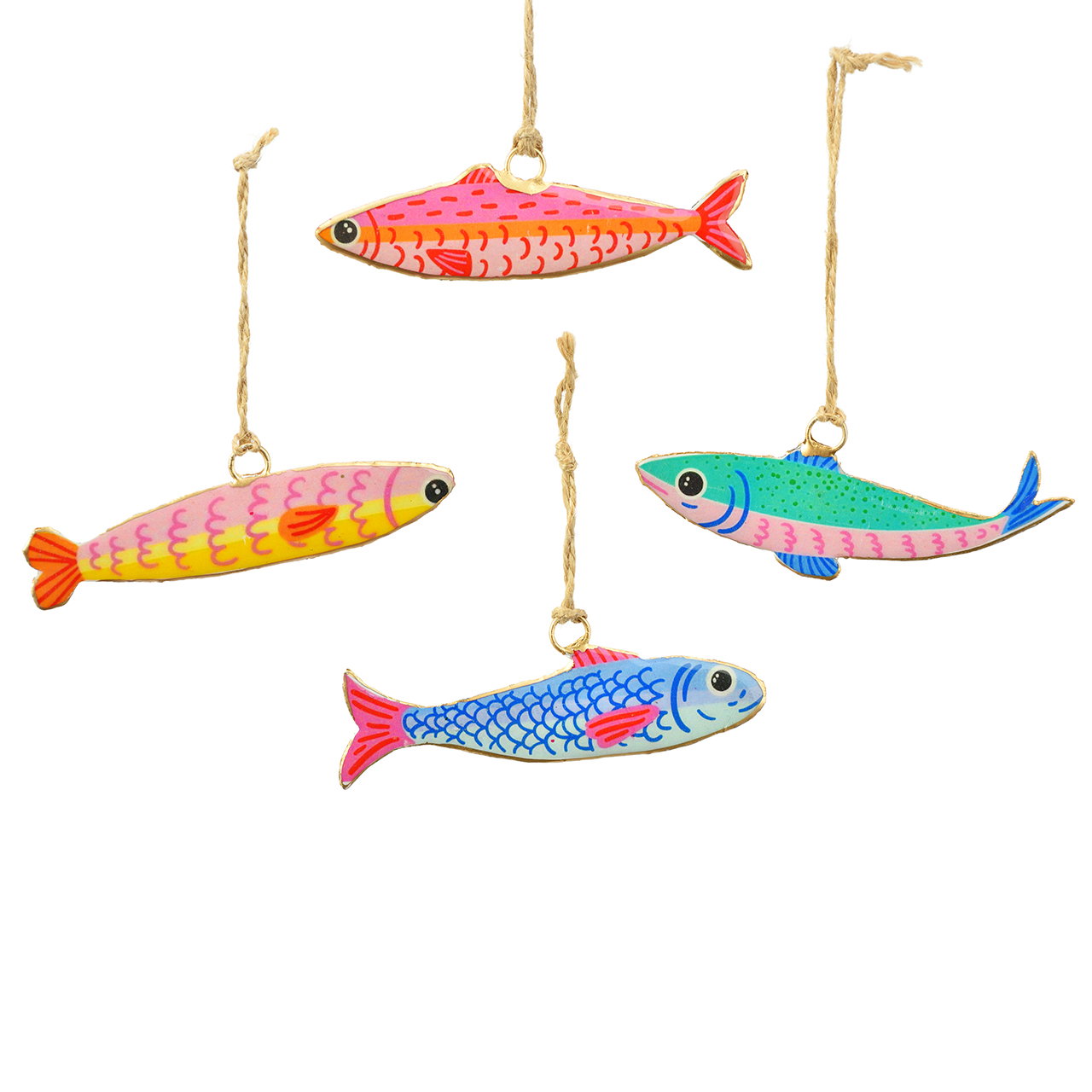 Appendiabiti a forma di sardina in metallo, vari colori, assortimento da 4 pezzi (L/A/P) 10x4x1 cm Fischanhänger, Windspiel, Hängedeko, Holzanhänger, bunte Muster