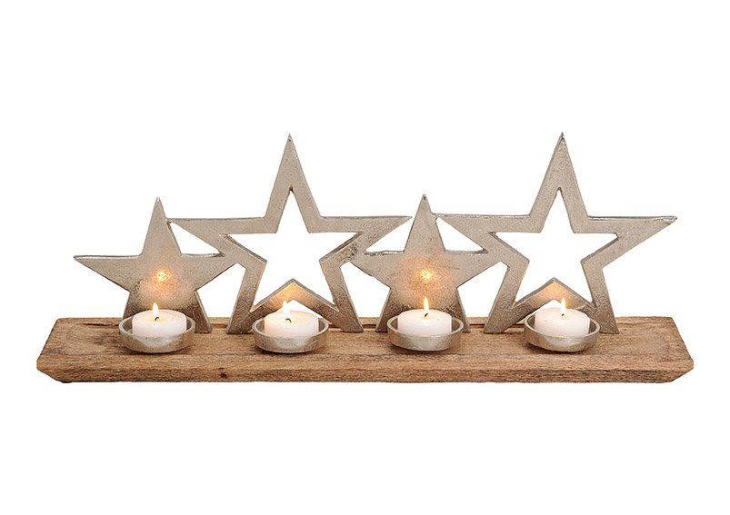 Advents candle holder, star designs, mangowood, metal, brown silver color, 66x27x13cm