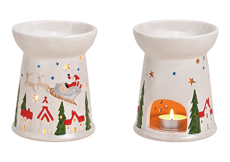 Oil burner, fragrance lamp, christmas decor in ceramic white (w/h/d) 11x14x11cm