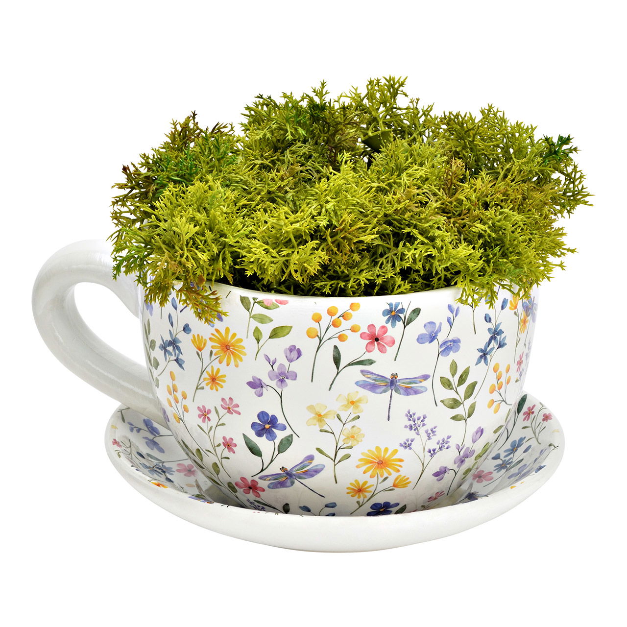 Pot de fleurs tasse décor prairies fleuries en céramique multicolore (L/H/P) 20x12x15cm