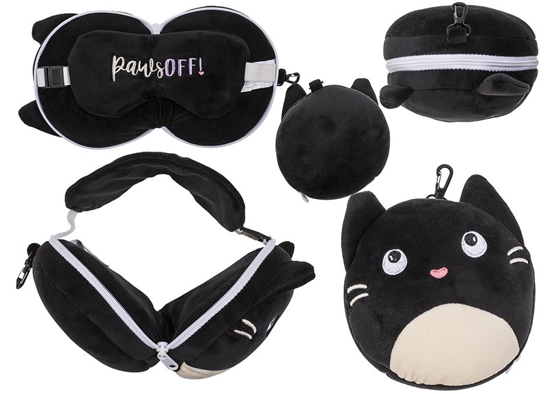 Kinder Plüsch Reisekissen mit Augenmaske Katze aus Textil schwarz (B/H/T) 16x13x10cm