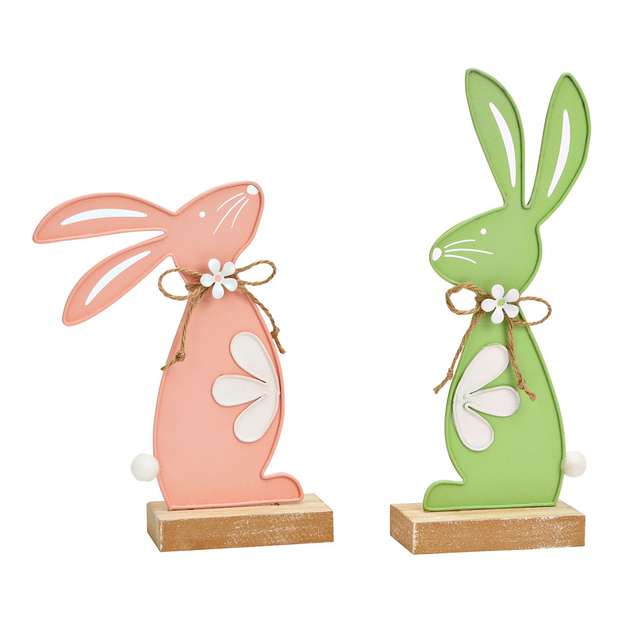 Metal rabbit stand on wooden base, 2-fold, green/pink (W/H/D) 8x18x4cm