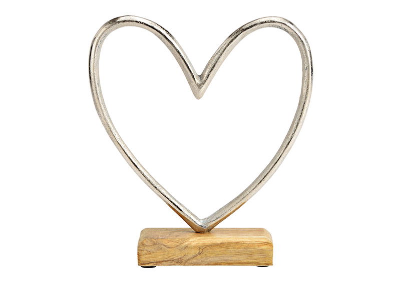 Heart on mango wood base of metal silver (W/H/D) 19x21x5cm