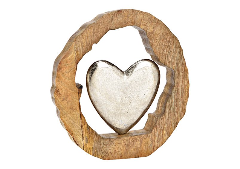 Heart in mango wood circle of metal silver (W/H/D) 28x29x5cm