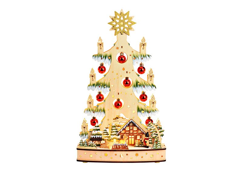 Supporto per albero di Natale con gingillo, con LED, in legno naturale (L/H/D) 27x45x9cm Funzionamento a batteria 3xAA non inclusa, scatola di batterie a doppia funzione con timer