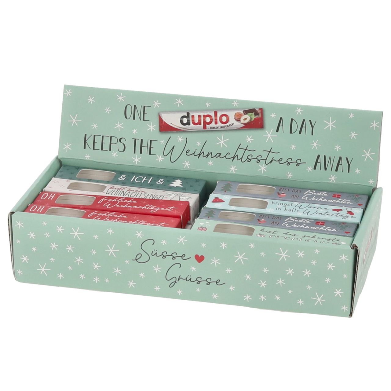 Geschenkbox inkl. Duplo, XMAS, 6/s Papier, MHD ab Auslieferung 6 Monate, MADE in GERMANY, 24 Stück im Display (26x12x5cm) aus Papier/Pappe Bunt 6-fach sortiert (B/H/T) 26x12x5cm Weihnachtsleckerei, Schokoladenriegel, Süßigkeit, Geschenkbox, Mini-Schokolade