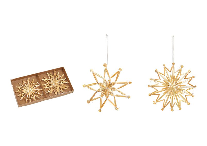 Pendentifs de Noël Set de 2 étoiles en paille (L/H/P) 10x10x0,3 cm, Nature, (L/H/P) 23x2x11cm