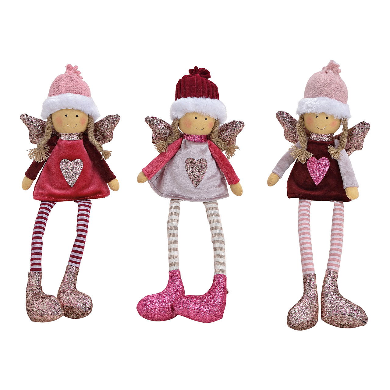 Angel, sitting, polyester, sand, bordeaux, pink glittery, 3 asst. 10x6x15/34cm