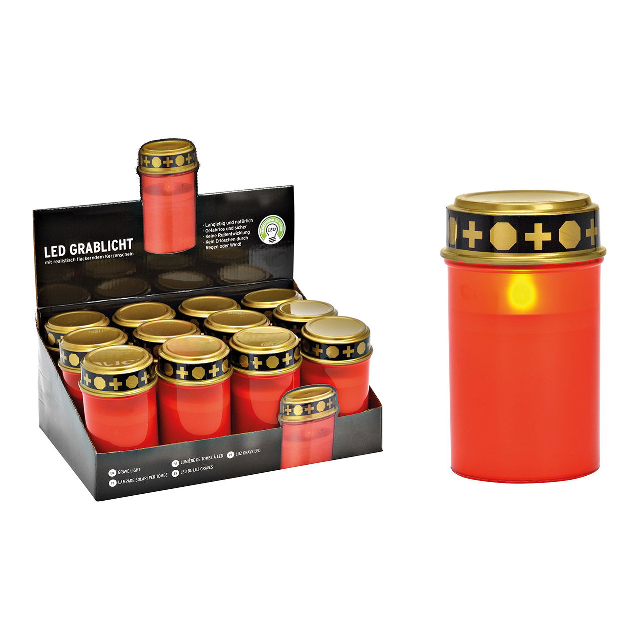 Luce grave a LED, tremolante, a batteria, 2x LR 14 non incluse, durata circa 3 mesi in plastica rossa (L/H/D) 7x11x7cm