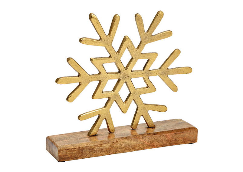 Display sneeuwvlok op mangohouten voet van metaal goud (B/H/D) 22x23x6cm