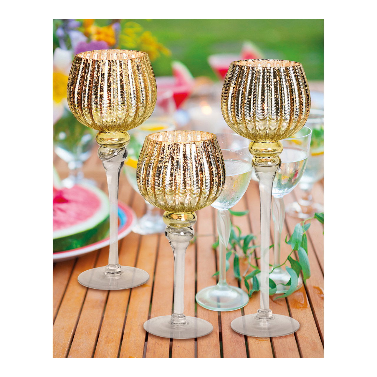 Windlicht Set Kelch geriffelt, 30, 35, 40 cm x Ø13cm aus Glas Gold 3er Set