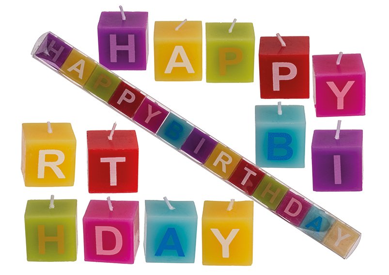 Kaarsenblok 3x3x3cm, Happy Birthday, set van 13, gemaakt van was kleurrijk (B/H/D) 39x3x3cm