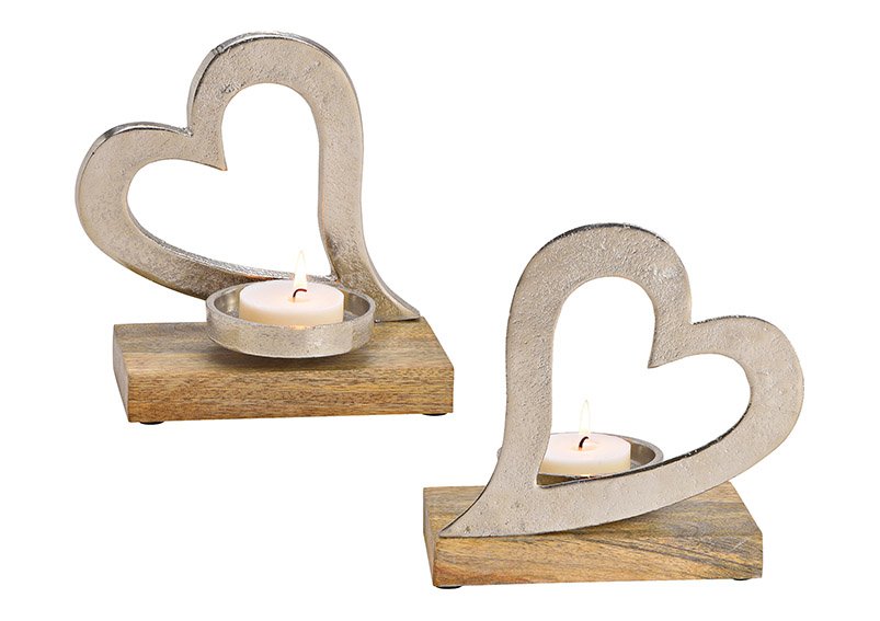Candeliere cuore di metallo su legno di mango argento (w/h/d) 20x19x10cm