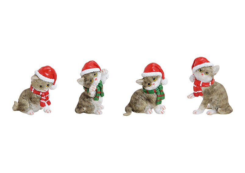 Chat avec bonnet de Noël en poly Coloré 4 fois, (L/H/P) 4x5x3cm