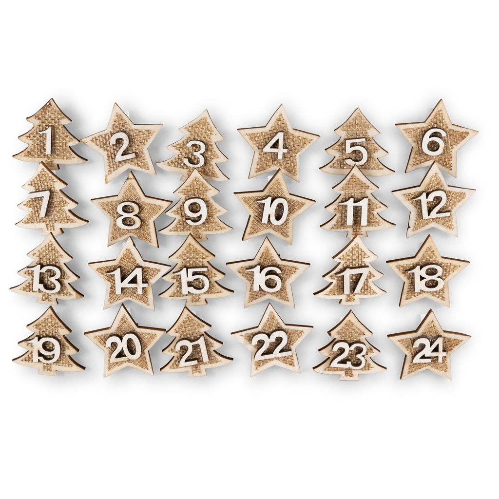 Dekoklammern 1-24, Holz / JUTE, 4,2x4,2x1,5cm, 24 St./ Pckg, natur, @ Text, Symbol