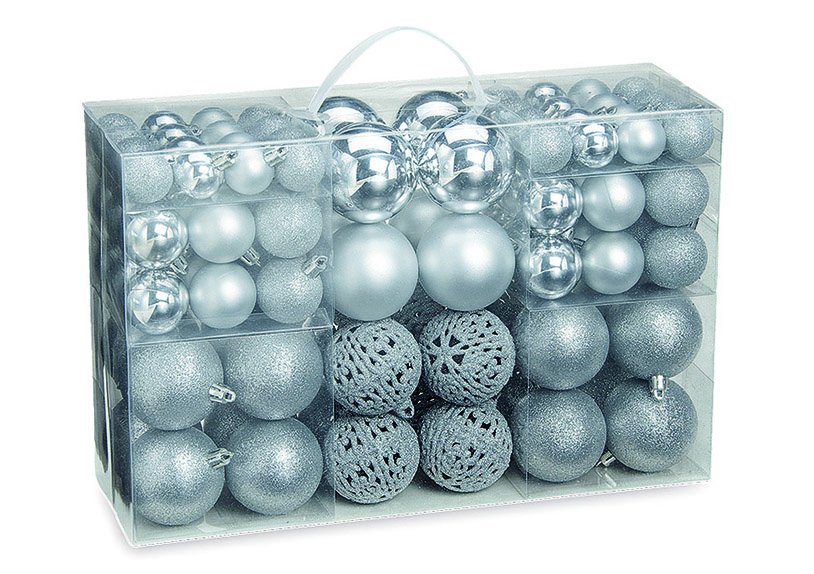 Xmas ball set of 100, ø 3/4/6 cm, plastic,silver ,plastic ball 3cm/32,8shiny 8matt 16glitterplastic ball 4cm/36,12shiny 12matt 12glitterplastic ball 6cm/24,4shiny 4matt 16glitterplastic hollow ball 6cm/8glitter