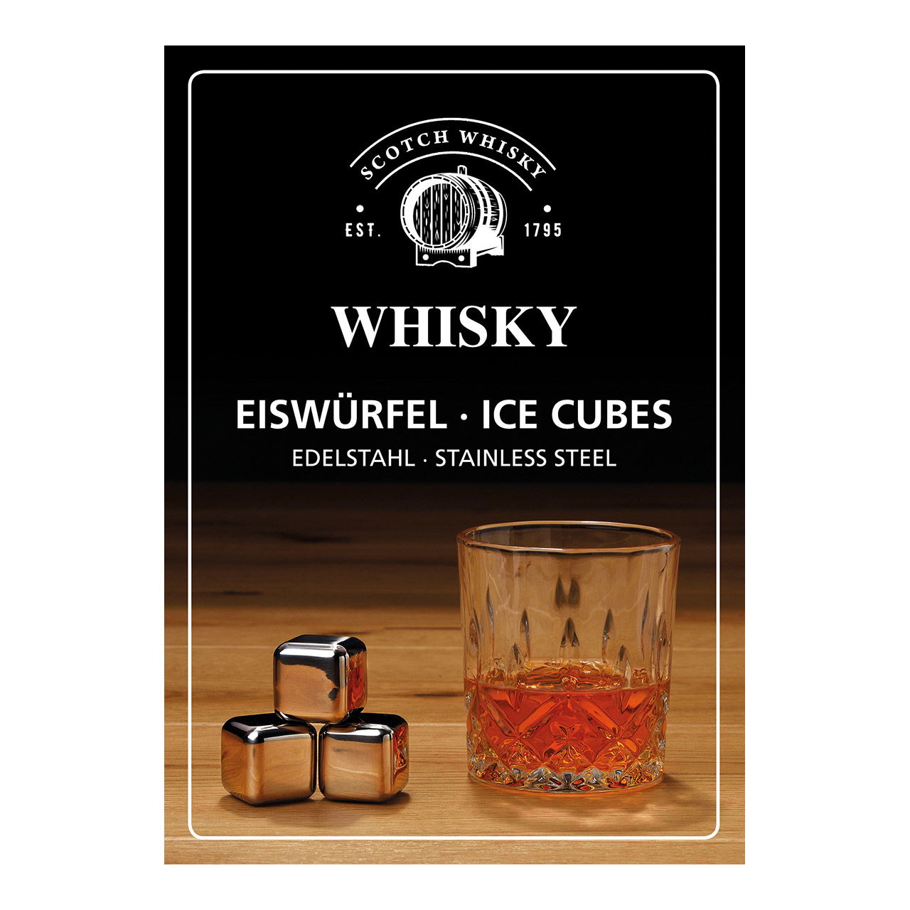 Stainless steel whisky ice cube set, 2.7cm, 4 cubes, 1 glass 9x8x9cm, 300ml, incl. velvet bag, in wooden box 19x10x14.7cm